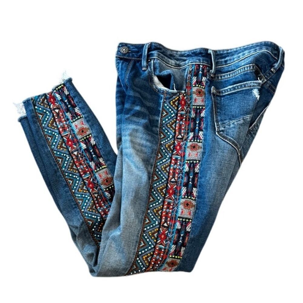 Driftwood Jackie Embroidered Aztec Beaded Skinny Jeans Size 26 Boho Raw Hem - Picture 3 of 7